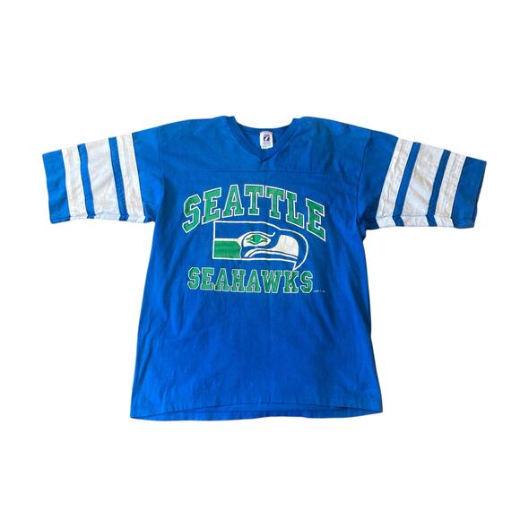 Vintage 80s Seattle Seahawks Blue White Single Stitch Logo T Shirt Size Large - Picture 1 of 16